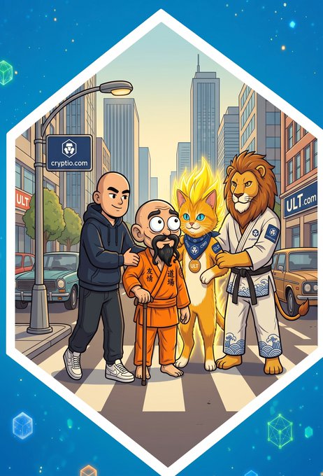 A colorful hexagonal NFT-style illustration showing a cartoon man, a martial arts figure, a flame-headed cat with a medal, and a lion in a gi, standing on a crosswalk with crypto.com and ult.com signs in the background.