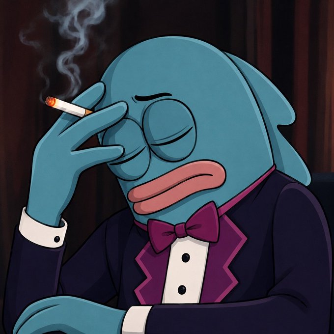 A cartoon illustration of a blue fish-like character wearing a tuxedo with a purple bow tie, smoking a cigarette with a weary expression.