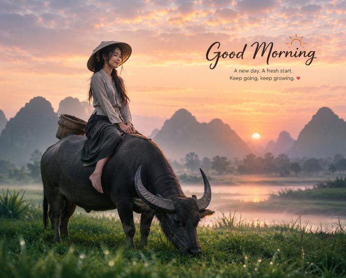 The image features a woman sitting on top of a large water buffalo with her legs crossed while she enjoys the view. The backdrop includes mountains and a sunset, creating a serene atmosphere. The caption for the image reads "Good Morning" followed by a quote about the importance of time management in today's fast-paced world.