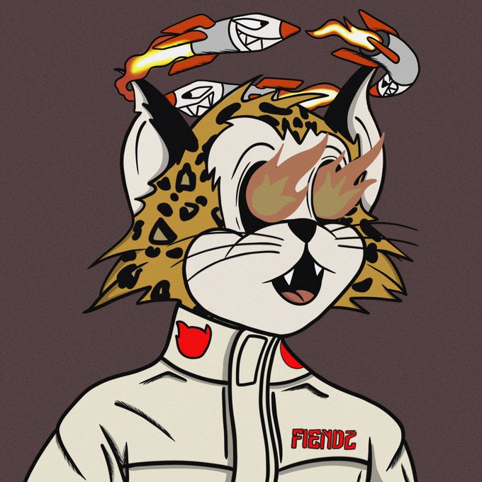 A cartoon anthropomorphic cheetah with flaming rocket-shaped horns and a white jacket emblazoned with 'FIENDZ' in red text.