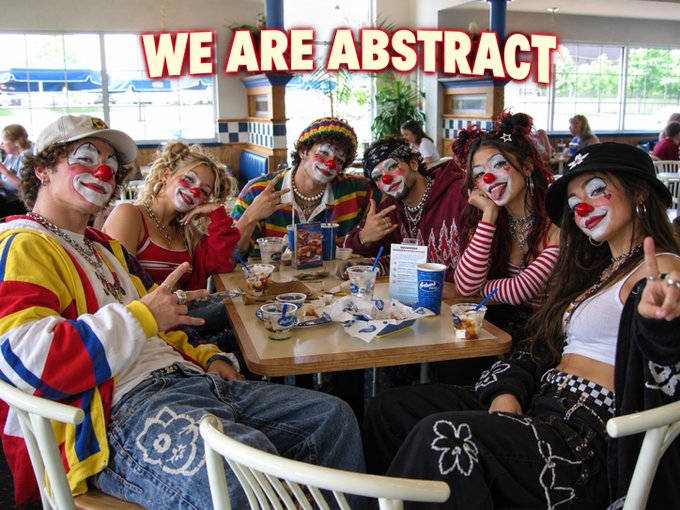 A group of six people in clown makeup and colorful streetwear sit around a restaurant table, with red text reading 'WE ARE ABSTRACT' displayed above them.