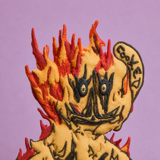 A clay sculpture of a stylized figure with a menacing face, flame-like hair in red and yellow tones, and a raised fist featuring the text 'Boosts' on a lavender background.
