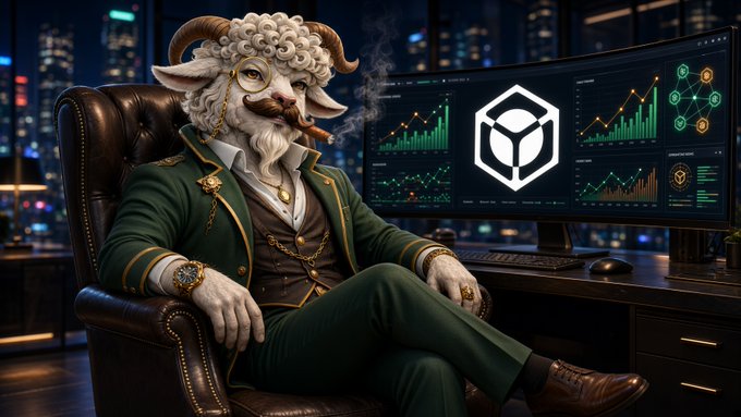 An anthropomorphic ram character in a green suit and smoking a cigar sits in a leather chair, looking at multiple monitors displaying financial charts and a crypto-style logo.