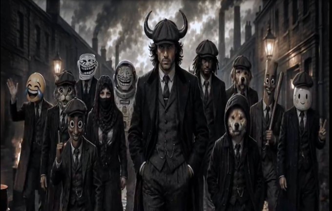 A dark, stylized group illustration of figures in suits and formal wear wearing various surreal masks (troll faces, horns, cartoon faces) against an industrial backdrop with smokestacks.