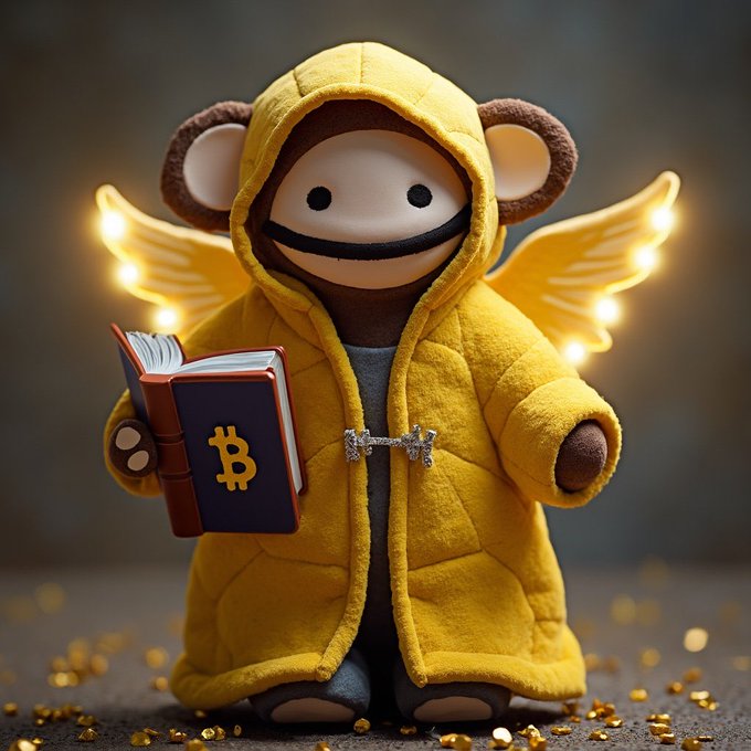 A 3D-rendered character in a monkey costume with glowing angel wings, holding a dark blue book with a gold Bitcoin symbol on the cover.