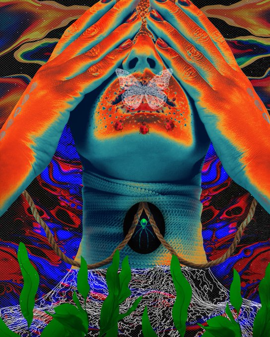 A surreal, psychedelic digital collage depicts a fantastical figure with a butterfly resting on its face, framed by hands raised overhead and seaweed-like tendrils at the base, rendered in vivid neon colors that mirror the dreamlike, emotional depth of the artist's invitation to co-create meaning. The accompanying note frames the piece as a portal for personal interpretation at a listed price of 0.06 ETH.