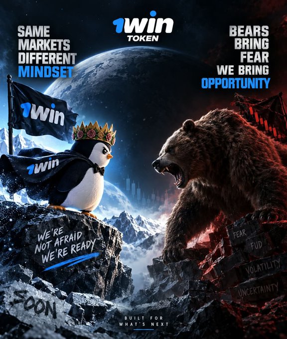 Cryptocurrency promotional graphic for '1win Token' showing a crowned penguin holding a '1win' flag facing a roaring bear on opposite mountain peaks, with text reading 'Same Markets Different Mindset' and 'Bears Bring Fear, We Bring Opportunity.'