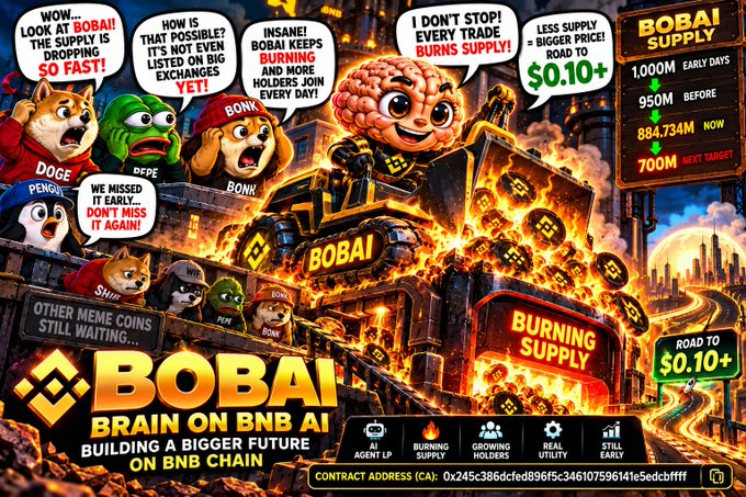 Crypto meme advertisement for "BOBAI" - Brain on BNB AI - featuring cartoon characters (Doges, Pepe, Shiba, Pengu) reacting to BOBai Supply with messaging like "BOBAI KEEPS BURNING" and "I DON'T STOP! EVERY TRADE BURNS SUPPLY!" with a contract address 0x245c386dcfed896f5c346107596141e5edcbfff.