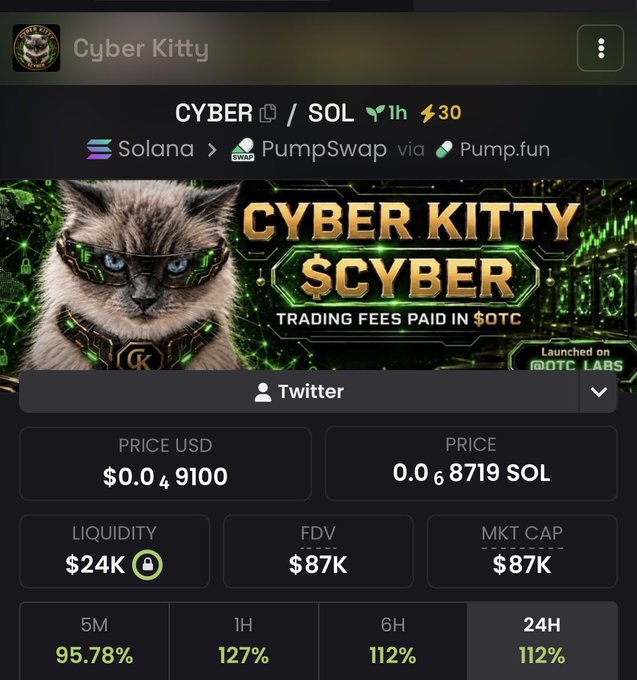 A cryptocurrency dashboard screenshot displays the "Cyber Kitty" token ($CYBER) on the Solana network via PumpSwap/Pump.fun, showing a price of $0.049100 (0.00068719 SOL), $87K market cap, and $24K liquidity, with strong recent gains of 127% (1H) and 95-112% across other timeframes. The image promotes a 1M $CYBER token giveaway being hosted in honor of @cyber_leek_404, encouraging users to post their wallets with "$CYBER me" comments to participate.
