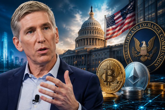The image features Bitwise CIO Matt Hougan speaking, set against a backdrop of the U.S. Capitol building, an American flag, and the SEC (Securities and Exchange Commission) seal alongside Bitcoin and Ethereum coins—visually tying his commentary about the CLARITY Act and ongoing crypto regulation to the intersection of U.S. legislative and regulatory bodies.