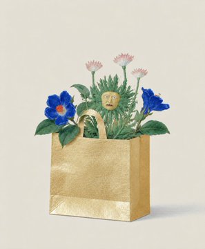 The image features a gold-colored tote bag with a face drawn on it, giving it an exotic appearance. The bag is placed inside another bag, which has flowers growing out of it. The background of the image is white, making the colors of the bags and flowers stand out even more. The post includes text that reads "Gm Who wants a golden exotic tote bag? :) Exotic Golden Tote Bagon @objktcom 12 editions | 12 XTZ".