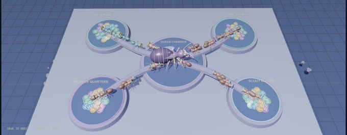 3D rendered concept of a virtual building blueprint showing interconnected chambers including Sky Gardens, Wine Cellars, Queen Chamber, Bottom Quarters, and Scout Quarters arranged around a central hub.