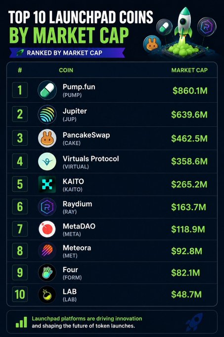 An infographic titled 'TOP 10 LAUNCHPAD COINS BY MARKET CAP' listing Pump.fun ($860.1M), Jupiter ($639.6M), PancakeSwap ($462.5M), Virtuals Protocol ($358.6M), KAITO ($265.2M), Raydium ($163.7M), MetaDAO ($118.9M), Meteora ($92.8M), Four ($82.1M), and LAB ($48.7M).