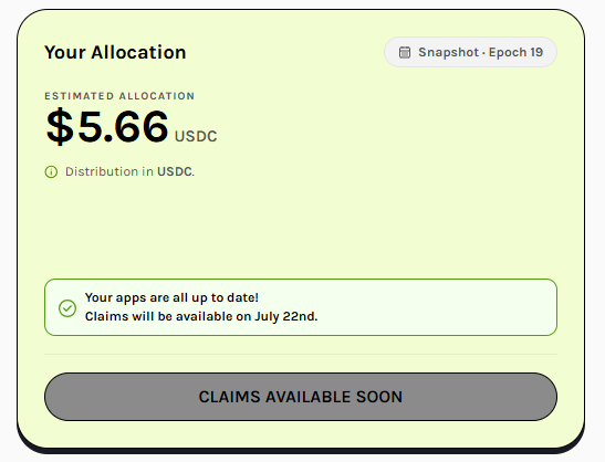 A digital interface showing 'Your Allocation' of $5.66 USDC with a message that claims will be available on July 22nd.