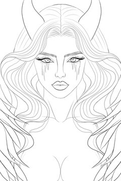 A black and white line drawing illustration of a horned female figure with long flowing hair, closed eyes with tear-like markings, and a serious expression.