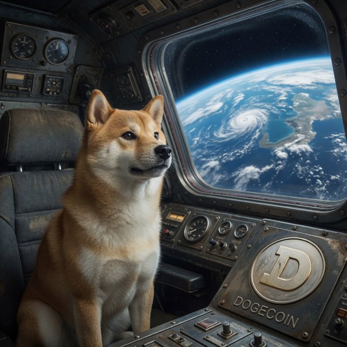 A digital illustration of a Shiba Inu dog sitting inside a spacecraft cockpit, looking out the window at Earth, with a "DOGECOIN" emblem visible on the dashboard.