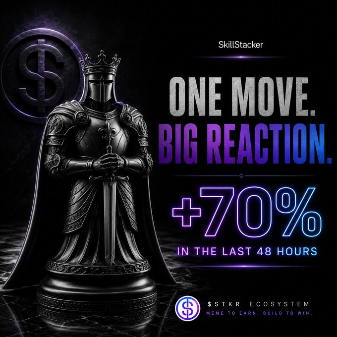 The image features a black chess piece with a gold crown, standing upright on its side against a dark background. Below the chess piece, there's text that reads "One move. Big reaction." This phrase emphasizes the importance of taking action or making a significant change in the game. The image also includes a dollar sign and the words "STKR" and "ecosystem", suggesting that this is related to a business or project involving chess strategy and ecosystem management.