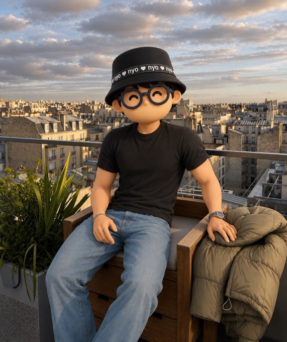 A 3D-rendered figure wearing a black bucket hat with 'nyo' text, large round blue glasses, a black t-shirt, and jeans, sitting on a balcony overlooking a city skyline.