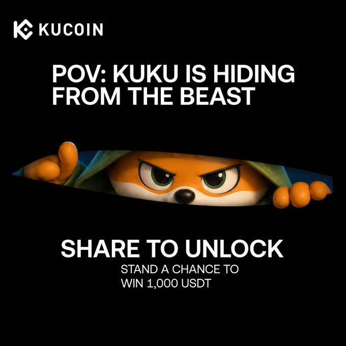 The image shows a KuCoin promotional graphic featuring their fox mascot, "Kuku," peeking through a hole with an alert, determined expression, alongside text that reads "POV: KUKU IS HIDING FROM THE BEAST" and "SHARE TO UNLOCK - STAND A CHANCE TO WIN 1,000 USDT." This ties into the post's playful jungle theme by portraying Kuku as a cautious creature with snacks trying to evade a lurking predator, fitting KuCoin's "Wild" campaign messaging.