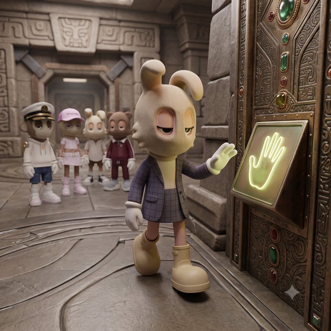 A 3D-rendered scene of a Pop Mart-style designer toy (resembling a Skullpanda or similar figure) touching a glowing handprint on an ancient temple door, with other characters waiting in line behind it.