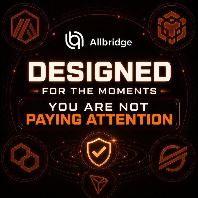 A promotional graphic for Allbridge with the tagline 'DESIGNED FOR THE MOMENTS YOU ARE NOT PAYING ATTENTION' surrounded by cryptocurrency logos.
