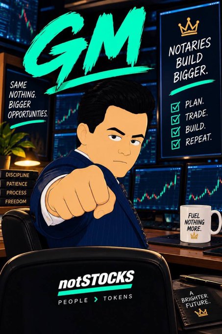 A promotional graphic for 'notSTOCKS' features a cartoon man in a suit pointing forward, surrounded by financial-themed text like 'GM,' 'NOTARIES BUILD BIGGER,' 'PLAN. TRADE. BUILD. REPEAT,' and 'FUEL NOTHING MORE.'