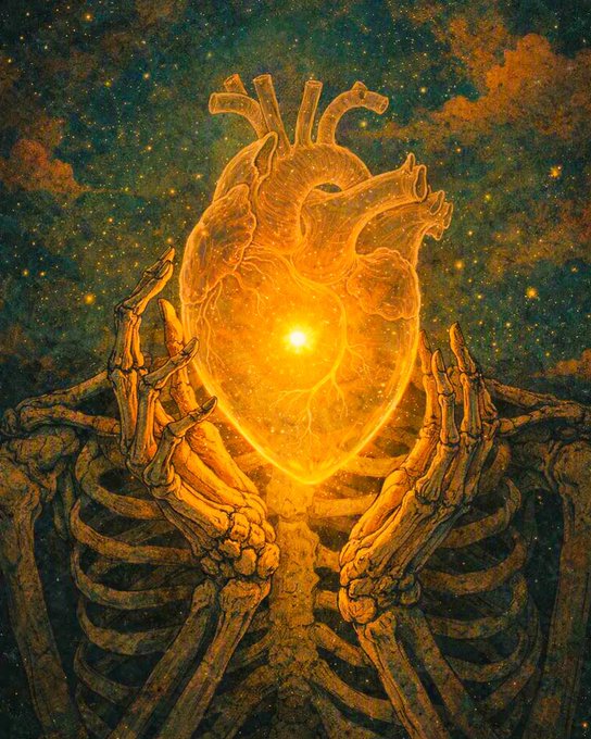 A detailed illustration of a glowing, golden anatomical heart cradled by skeletal, rib-like hands against a dark, starry cosmic background.