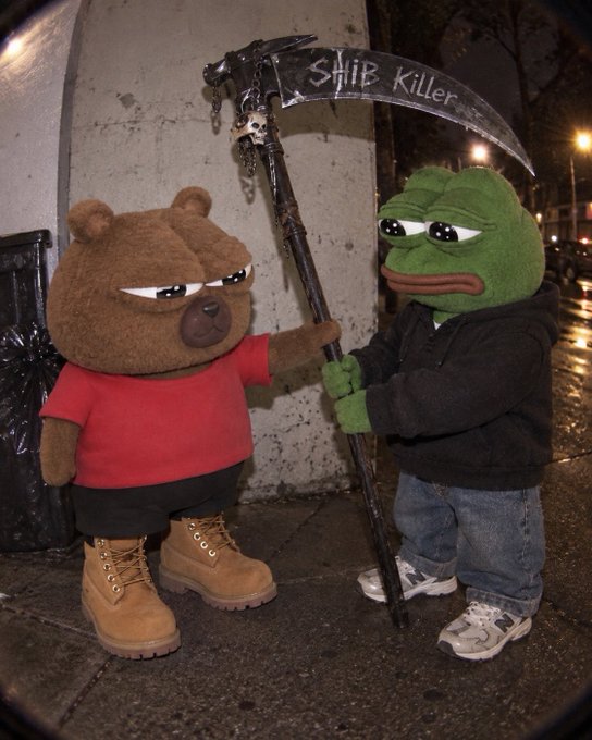 Two costumed mascots, a brown bear in a red shirt and a green frog-like figure, pose on a wet street holding a scythe labeled "SHIB KILLER".