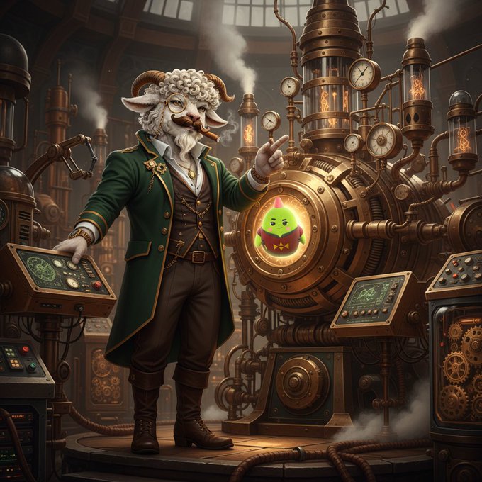 The image features an anthropomorphized character, a man dressed as a ram or a sheep wearing a green coat and hat, standing next to a machine that has a small green creature inside of it. The character appears to be pointing at the machine with his finger. The background shows various machines and equipment typically found in a factory setting. There is also text on the image that reads "focus on what is in the image and how it relates to the post".
