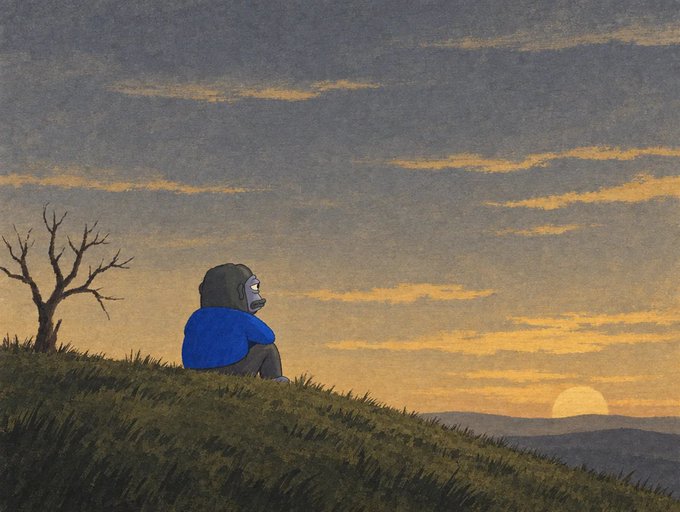 Illustration of a figure in a blue hoodie sitting on a grassy hill next to a bare tree, watching the sun set on the horizon.