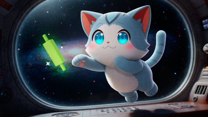 An adorable cartoon cat with large blue eyes and a fluffy tail floats in zero gravity inside a spaceship, reaching toward a glowing green cylindrical object against a backdrop of a starry galaxy visible through the porthole window.