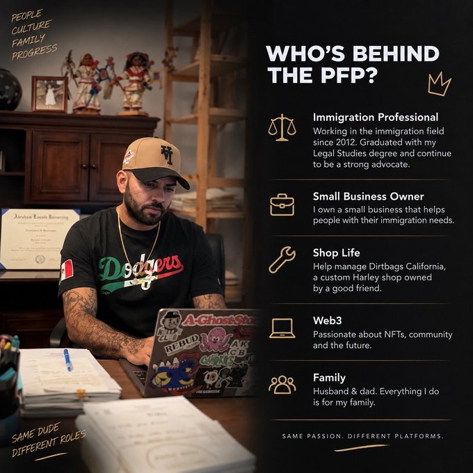 A personal bio layout titled 'WHO'S BEHIND THE PFP?' features a man in a Dodgers shirt working on a sticker-covered laptop, listing his roles as an Immigration Professional, Small Business Owner, Shop Life manager, Web3 enthusiast, and Family man.