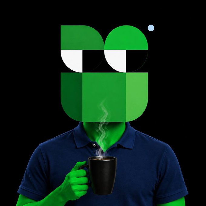 A surreal digital artwork shows a green-skinned figure in a blue polo shirt holding a steaming mug, with the geometric green and white Kangol logo as its head.