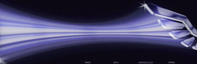 A dark futuristic banner with a metallic logo on the right and blue light streaks, with text reading "TRADE WITH UNPARALLELED SPEED."