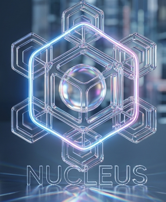 The image displays a futuristic, translucent hexagonal structure with neon blue and pink glowing edges, featuring a central iridescent orb, with the text "NUCLEUS" illuminated at the bottom. It visually represents @NucleusCodes' branding as a sleek, high-tech solution aiming to bring verifiable, tamper-proof reputation systems to crypto—aligning with the post's call for on-chain reputation that can't be faked, bought, or botted.