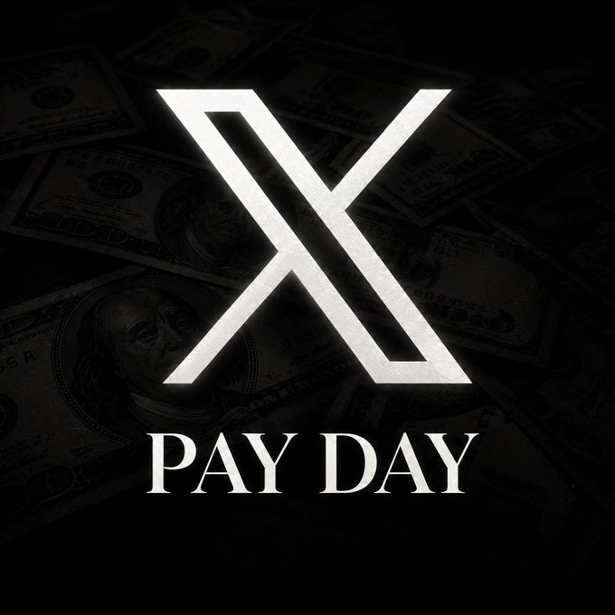 Monochromatic graphic featuring a large 'X' logo and the text 'PAY DAY' overlaid on a background of scattered hundred-dollar bills.