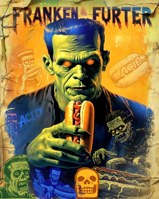 A stylized horror-themed poster titled "FRANKEN FURTER" depicting a monster eating a hot dog, surrounded by zombie faces and "ACID" text.