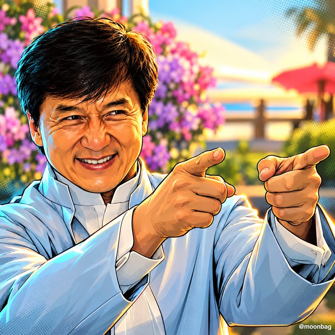A stylized illustration of Jackie Chan smiling and pointing both fingers at the viewer, paired with a post celebrating BitMine's progress toward owning 5% of all ETH supply, visually emphasizing the monumental achievement with an enthusiastic "look at this" gesture.