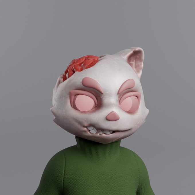 A 3D-rendered anthropomorphic cat character with an exposed brain and a green sweater offers a quirky, slightly unsettling twist to a cheerful "Good Morning" greeting. The zombified feline, with its blank pink eyes and stitched grin, brings a darkly humorous edge to the friendly morning message.
