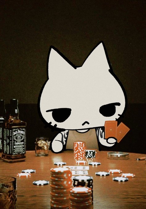 A cartoon image featuring a white cat character with an annoyed expression sitting at a table with poker chips, playing cards, and a bottle of Jack Daniel's whiskey.