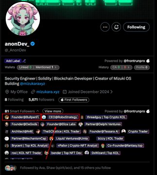 The image shows a Twitter/X profile for "anonDev (@_AnonDev)" with a pink-haired anime avatar, identified as a "Security Engineer | Solidity | Blockchain Developer | Creator of Mizuki OS" with 5,671 followers. The profile features a verified checkmark and is labeled with "Solana," "Unrugd," and "MemeLord" tags, contextualizing the post's claim about the account's developer launching a token on Robinhood.