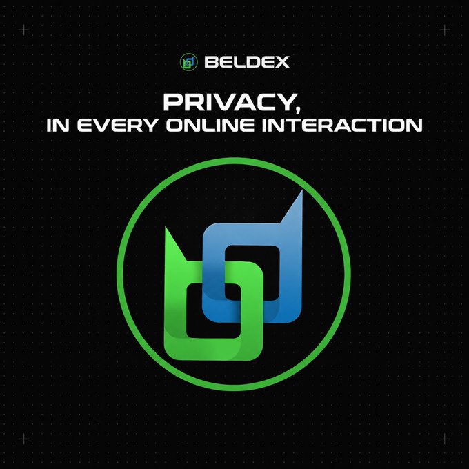 A Beldex promotional graphic with the tagline 'PRIVACY, IN EVERY ONLINE INTERACTION' displayed above a green and blue interlocking chain-link logo on a black background.