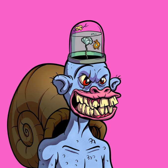 A cartoon illustration of a grotesque blue creature with a wide, toothy grin, red eyes, and a snail shell on its back, featuring a small aquarium-like dome on its head containing a fish and bubbles, set against a bright pink background.