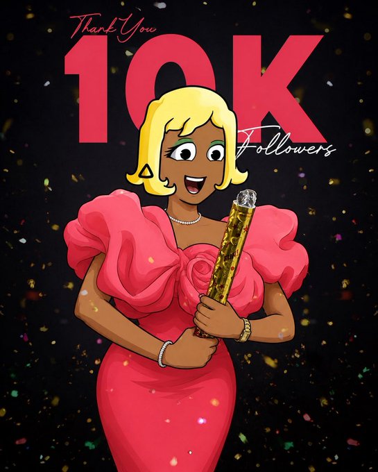 A celebratory graphic with a 'Thank You 10K Followers' message featuring an animated character with blonde hair wearing a pink dress and holding a gold-wrapped object, surrounded by confetti.