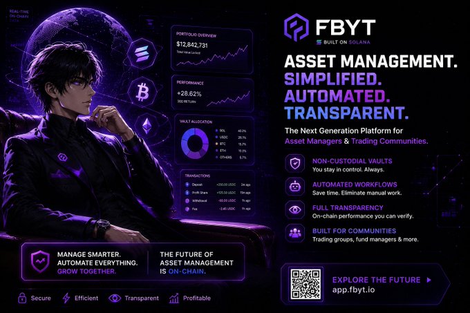 The image features an advertisement for asset management software called FBYT, which showcases a man sitting in front of a computer screen with blue-purple hues surrounding him. The background also incorporates these colors, creating a visual theme related to the software's product description and features. The main focus is on FBYT's ability to manage capital efficiently using transparent on-chain vaults, automated workflows, and non-custodial fund management.