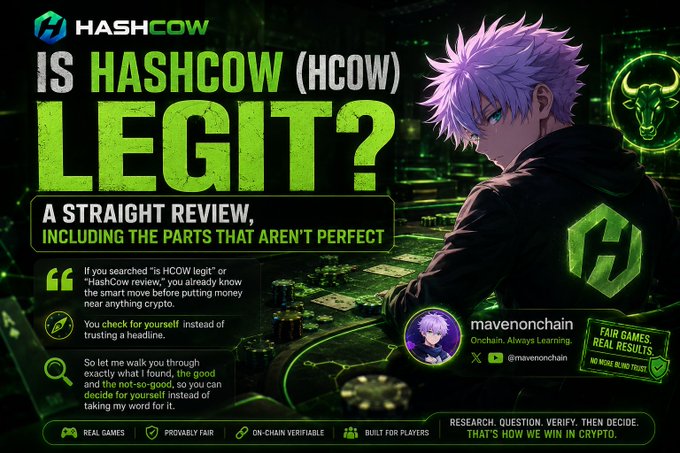 A promotional graphic asking "IS HASHCOW (HCOW) LEGIT?" with an anime-style character, branding by mavonchain, and claims of being a fair crypto gaming platform with real games, provably fair outcomes, and on-chain verifiability.