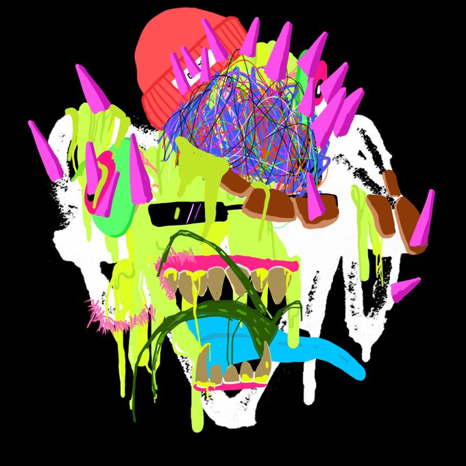 The artwork is a vibrant, chaotic digital piece featuring a grotesque green monster face with sharp magenta spikes, dripping paint, jagged teeth, and a tangled scribble of colorful lines erupting from its head, fitting the surreal, visceral style of MTNT#05. This NFT was collected by the user from the @objktcom platform via creator @Revolue.