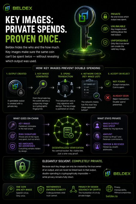The image is an infographic from Beldex (beldex.io) explaining how "Key Images" prevent double-spending in private cryptocurrency transactions. It details a 5-step process—from output creation to accepting/rejecting transactions—highlighting that while the key image, ring signature, and amounts remain linkable on-chain, the sender, receiver, and output origin stay completely hidden, addressing the post's point about preventing double-spending without sacrificing participant anonymity.