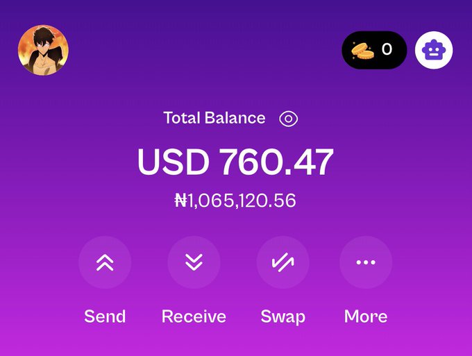 A cryptocurrency wallet interface displays a total balance of USD 760.47 (₦1,065,120.56) against a purple background, with options to Send, Receive, Swap, or More. The post asks followers to share their Solana ($SOL) addresses for "breakfast," suggesting the poster may be gifting crypto to engaging respondents.