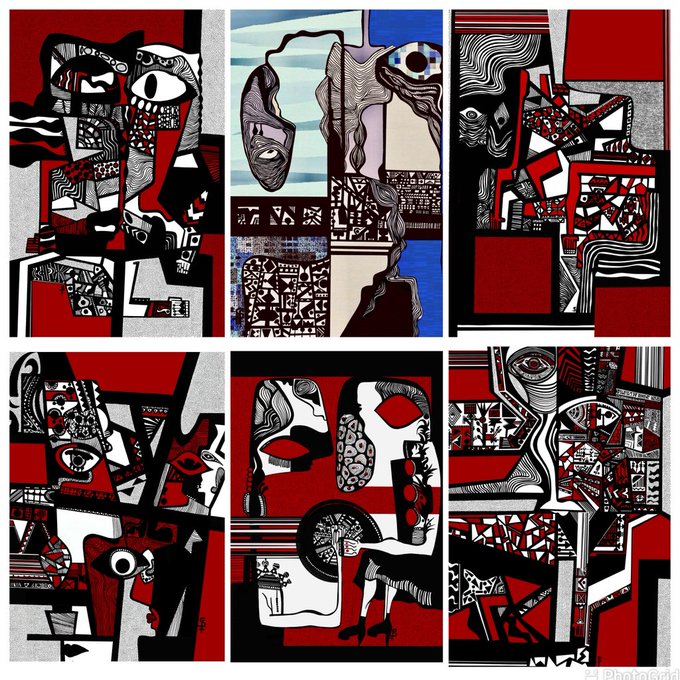 An abstract collage of six panels features fragmented black, white, and red geometric shapes and stylized faces in a cubist style.